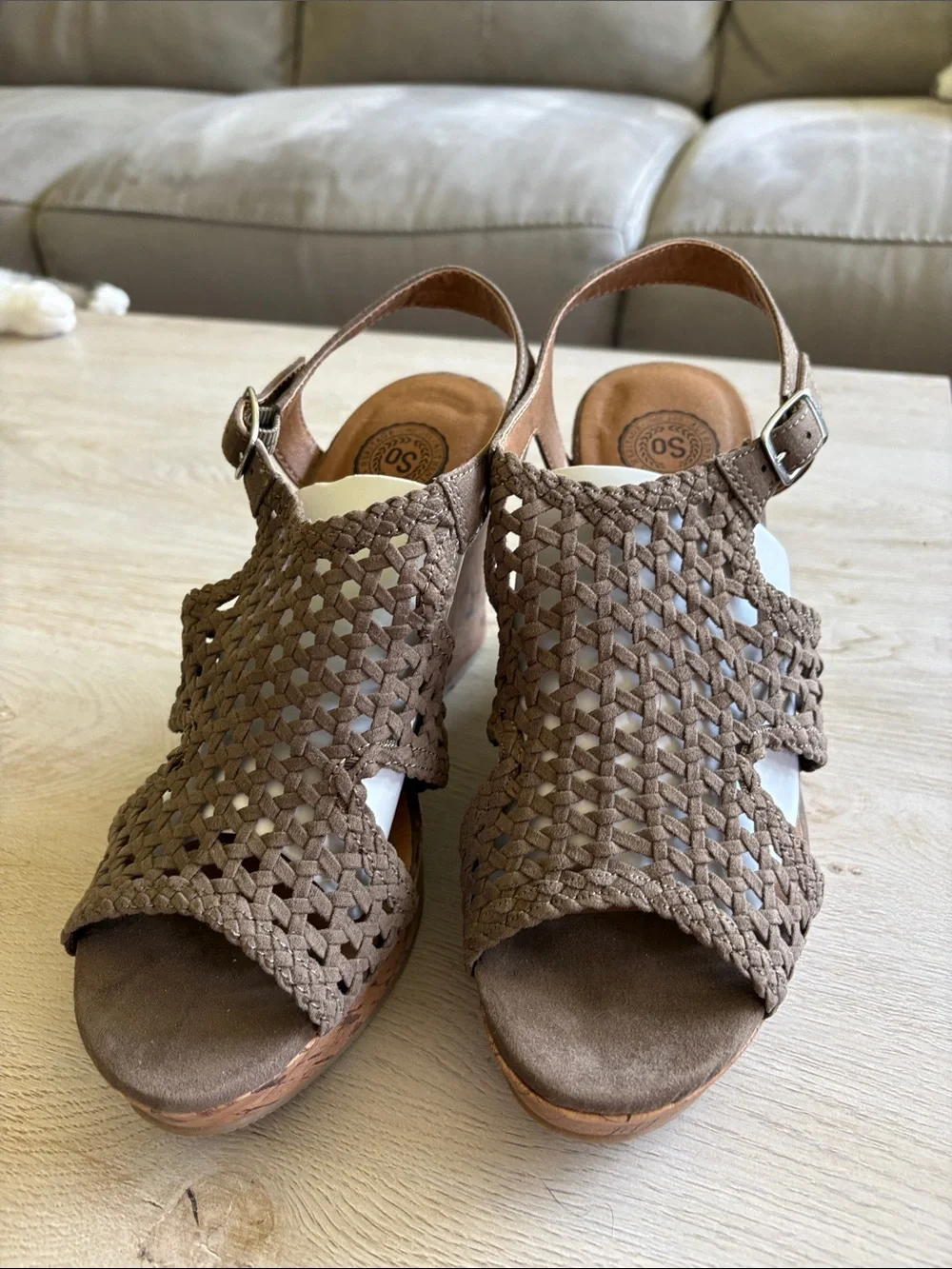 SO Authentic American Heritage Taupe Woven Cork Wedge Sandals Size 8M Boho